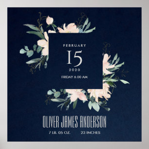 POSTER ÉTAT DE NAISSANCE DE BÉBÉ EN COULEUR D'EAU FLORALE