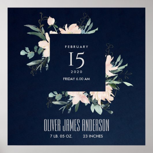 POSTER ÉTAT DE NAISSANCE DE BÉBÉ EN COULEUR D'EAU FLORALE (Devant)