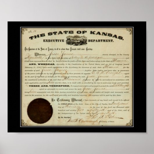Poster État du Kansas 1875 Ordre d'extradition de Jesse J (Devant)