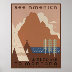 Poster État du Montana : Tribus indiennes, Montagnes, Pra