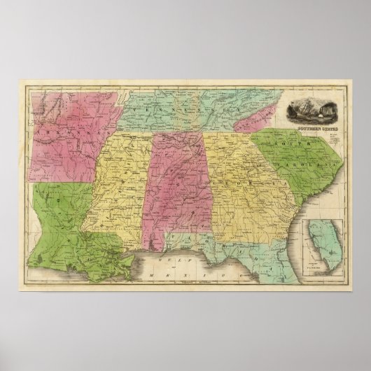 Poster États du sud avec partie sud de la Floride (Devant)