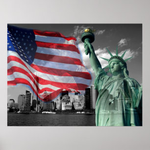 Poster États-Unis : Lady Liberty, American Flag,