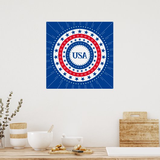 Poster États-Unis Rouge, Blanc, Bleu Étoiles Initiales ou (Cuisine)
