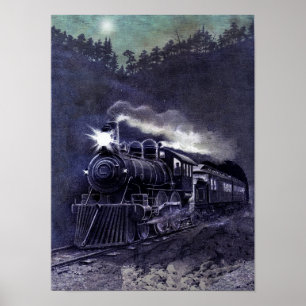 Poster Etching couleur victorienne - Train à vapeur