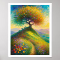 Été Fleur sauvage Hill Tree 8x10 Art Imprimer