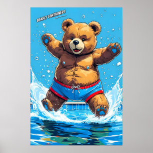 Poster Été sauvage ours vintage piscine