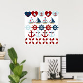 Poster Eté Thème nautique Ancres Bateaux à voile Helms (Bureau à domicile)