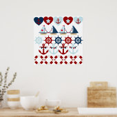 Poster Eté Thème nautique Ancres Bateaux à voile Helms (Cuisine)