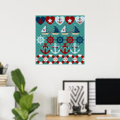 Poster Eté Thème nautique Ancres Bateaux à voile Helms (Bureau à domicile)