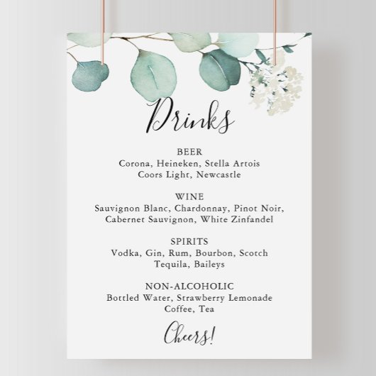 Poster Été Vert Eucalyptus Mariage Boissons Menu Signer