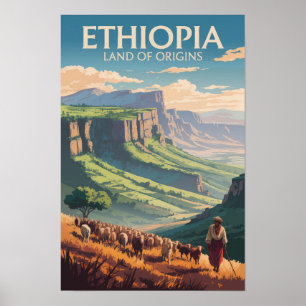 Poster Éthiopie Berger Troupeau Voyage Art Vintage
