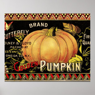 Poster Étiquette de caisse de citrouille dorée vintage :