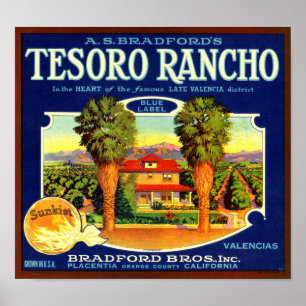Poster Étiquette de caisse de fruits de Rancho Tesoro Ora