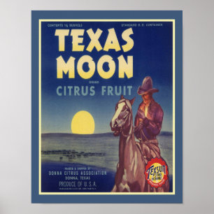 Poster étiquette de fruits Texas Moon dans les années 195