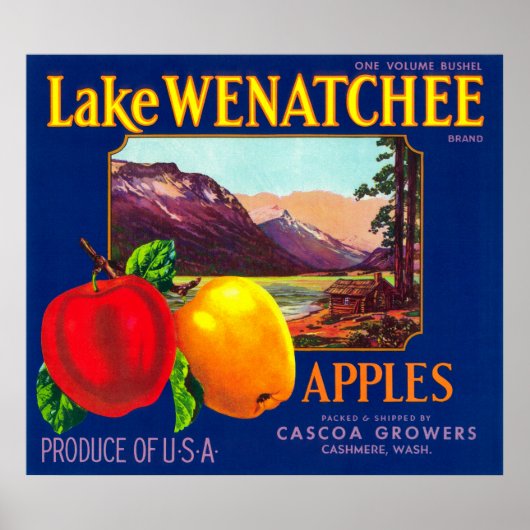 Poster Étiquette de pomme du lac Wenatchee (bleu) - Cashm (Devant)