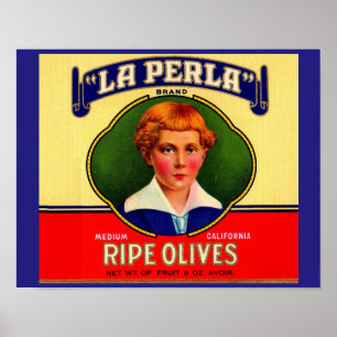 Poster étiquette des olives de LaPerla dans les années 19
