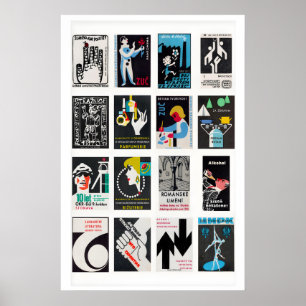 Poster Étiquettes de boîte d'allumettes noires en grille,
