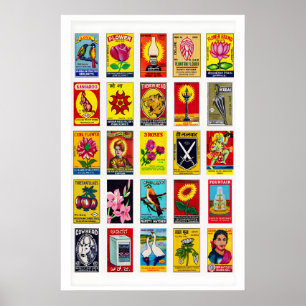 Poster Étiquettes de boîtes d'allumettes indiennes en gri
