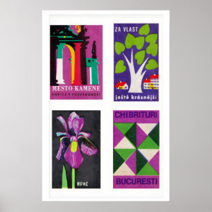 Poster Étiquettes de boîtes d'allumettes violettes et ver