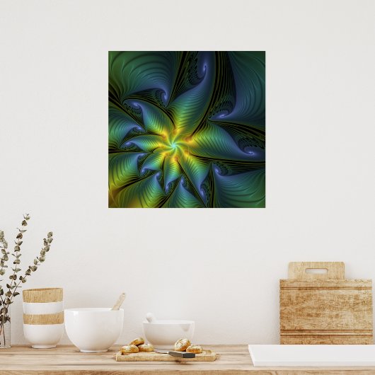 Poster Etoile Abstraite, Bleu brillant Vert Or Fractal Ar (Cuisine)