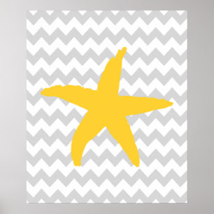 Poster Étoile de mer nautique jaune et grise de Chevron
