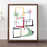 Poster Étoiles Carrés atomiques et Boomerang milieu du si<br><div class="desc">Ajoutez cette bouffée d'amusement et de couleur à votre mur avec cette affiche moderne de l'ère atomique du milieu du siècle ! Ce design présente des carrés abstraits,  des starbursts et un boomerang aux couleurs rouge,  vert,  bleu,  jaune et noir... si funky !</div>