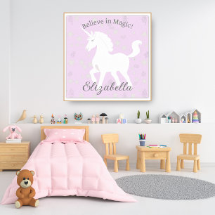 Poster Étoiles de Licorne Rose Douce Nom pour Enfants