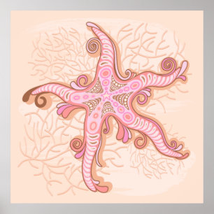 Poster Étoiles de mer et corail rose motif pastel