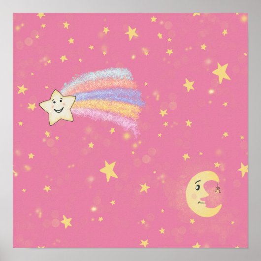 Poster Étoiles douces et lune sur rose (Devant)