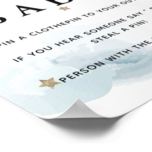 Poster Etoiles et nuages bleus Baby shower Ne pas dire bé (Coin)