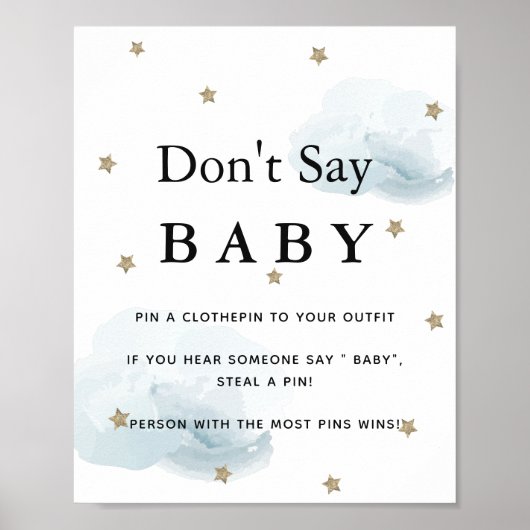 Poster Etoiles et nuages bleus Baby shower Ne pas dire bé (Devant)