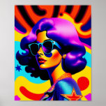 Poster Étoiles psychédéliques et rayures Pop Art Diva<br><div class="desc">Cette création pop art vous emmènera dans un voyage vers le passé super, avec une touche audacieuse et élégante. Une fille fascinante et psychédélique, portant une paire de lunettes de soleil cool, se heurte aux étoiles dynamiques et raye l'arrière - plan. L'ambiance rétro, associée au design pop art moderne, fait...</div>