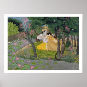 Poster Étreinte de Radha et de Krishna dans un verger de
