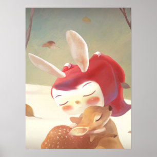 Poster Étreinte forestière : Fille lapine étreignant un p