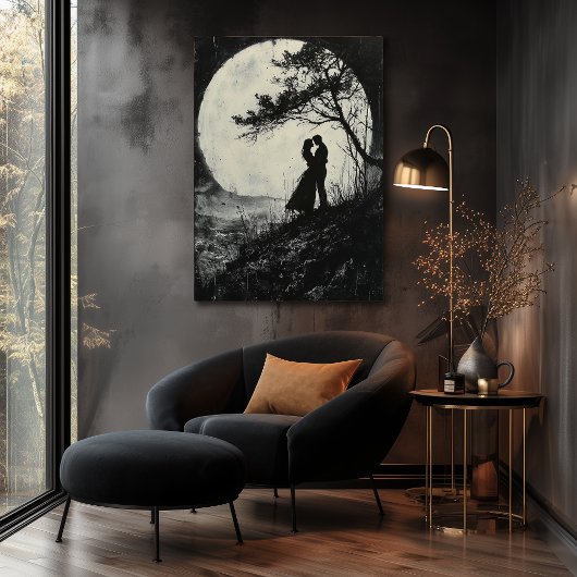 Poster Étreinte Romantique au Clair de Lune - Style Charb