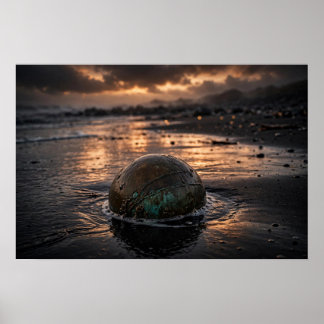 Poster Étude dans la marée — Sphère de bronze, sable noir