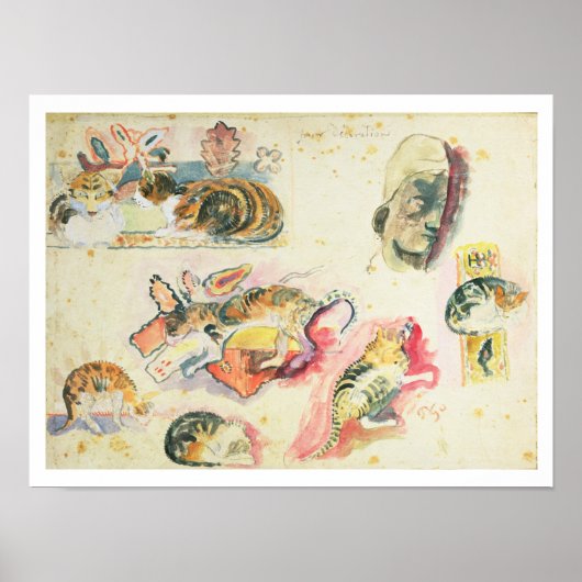 Poster Étude des chats et une tête (avec papier) (Devant)