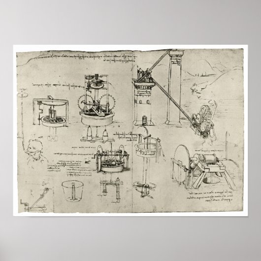 Poster Étude des pompes à succion, Léonard de Vinci (Devant)