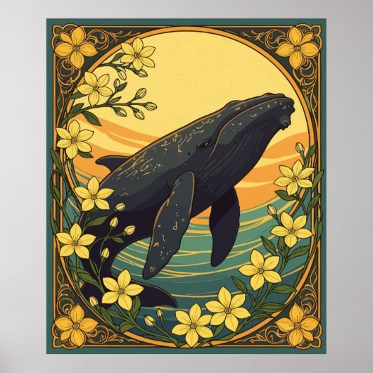 Poster Eubalaena glacialis Et Fleurs Jaunes De Jasmin (Devant)