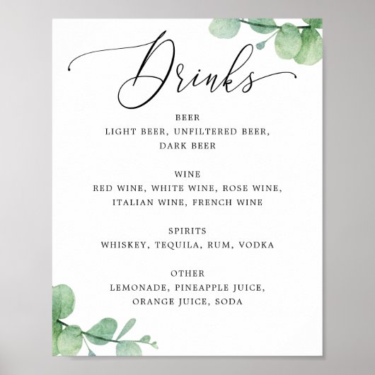 Poster Eucalyptus Bar Menu Sign | Elegant Wedding Drinks (Devant)