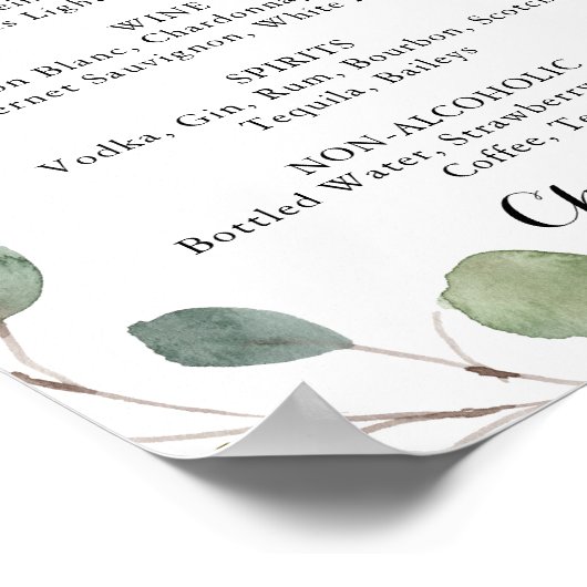 Poster Eucalyptus Calligraphy Mariage Boissons Menu Signe (Coin)