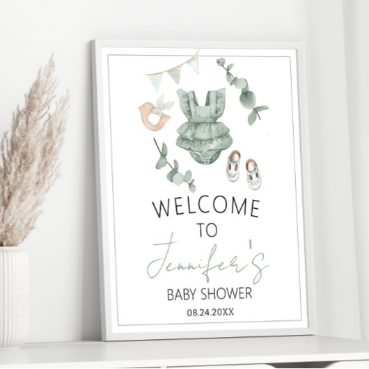 Poster Eucalyptus élégant fille baby shower Bienvenue