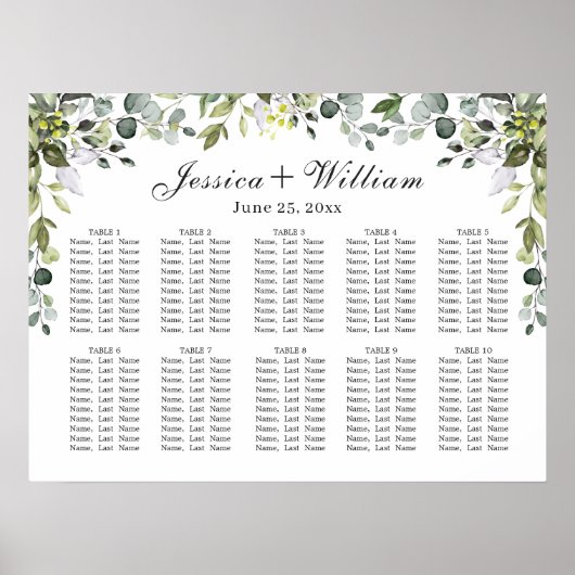 Poster Eucalyptus Floral 10 Tables Mariage CHART DE SIÈGE (Devant)