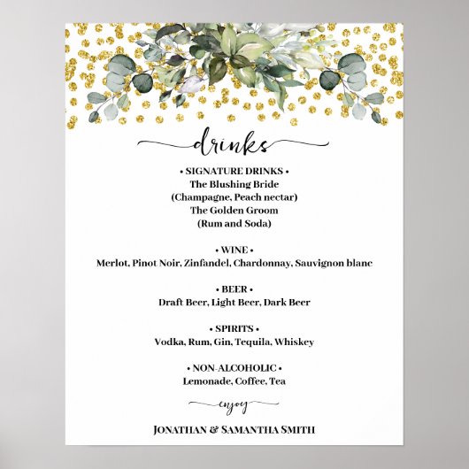 Poster Eucalyptus Gold Mariage Boissons Menu Signer (Devant)