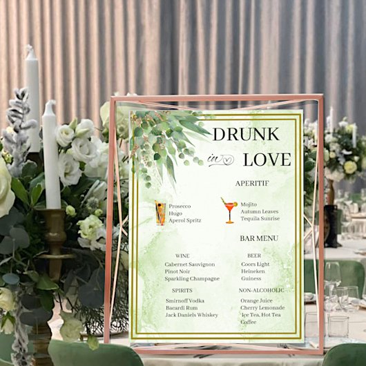 Poster Eucalyptus Green Gold Foliage Mariage Bar Menu