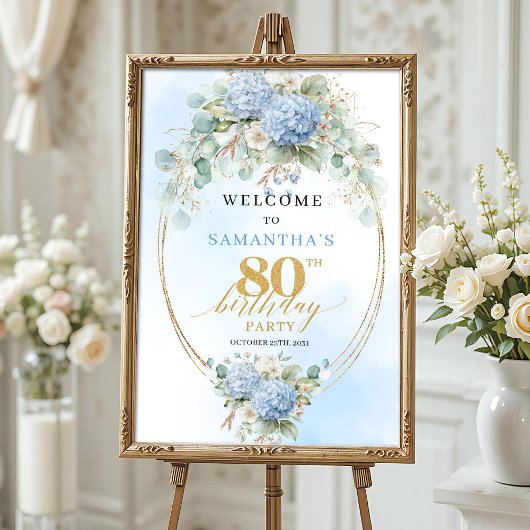 Poster Eucalyptus & Hydrangeas bleus pour un 80e annivers