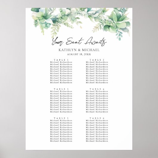 Poster Eucalyptus Jardin Mariage 6 Table Seating Charts (Devant)
