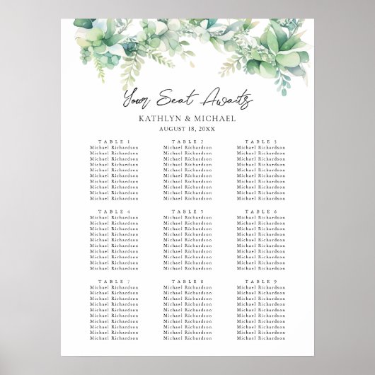 Poster Eucalyptus Jardin Mariage 9 Table Seating Charts (Devant)