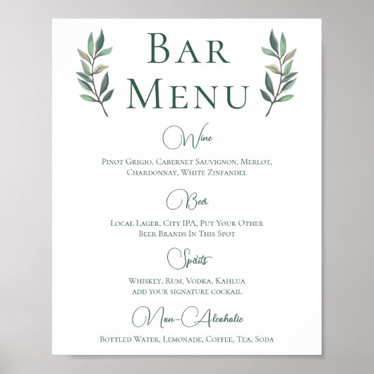 Poster Eucalyptus Leaf Simple Botanique Mariage Bar Menu (Devant)