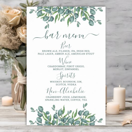 Poster Eucalyptus Mariage Bar Menu boisson personnalisée